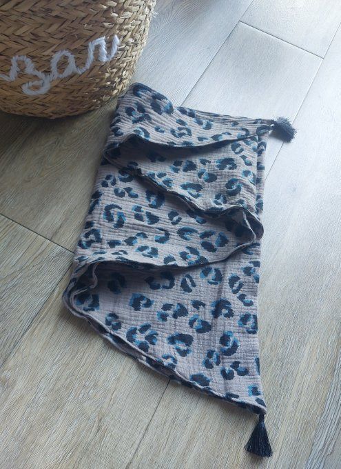 Foulard chèche gaze de coton taupe motif léopard